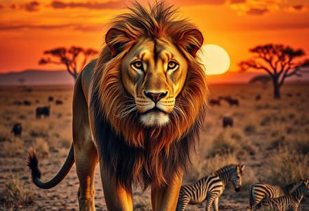 "Masterpiece, best quality, highres, ultra-detailed, cinematic lighting. A majestic lion stands in the heart of the sun-scorched savanna, staring directly at the viewer with piercing golden eyes. Its powerful frame is accentuated by the warm glow of the setting sun, casting long shadows over the dry grass. The lion’s thick, flowing mane ripples in the wind, a mix of deep amber, tawny brown, and hints of black. Muscles ripple beneath its sleek fur, each detail meticulously rendered, from the faint battle scars on its muzzle to the subtle dust clinging to its coat. The savanna stretches endlessly behind it, with acacia trees silhouetted against the fiery hues of the dusk sky. Wisps of dust rise from the cracked earth, swirling in the soft breeze. A few distant silhouettes of wildebeests and zebras graze under the fading light, their presence barely noticeable against the vast horizon. The lion’s expression is regal, unwavering, exuding both dominance and wisdom an apex predator, yet a guardian of the land. The atmosphere is tense, as if the lion is studying its observer, deciding whether to attack or simply acknowledge their presence. The composition is perfectly balanced, with the lion slightly off-center, drawing immediate focus to its intense gaze and the intricate details of its face and mane."