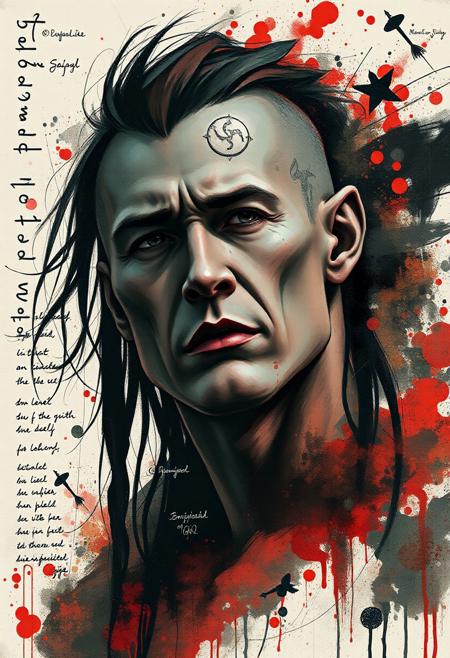 Dramatic cinematic style, high contrast low-key lighting. Dreamlike surreal imagery, a muscular seeker with sharp features and pale skin. Mixed media art, layered textures, vibrant color fields, symbolic motifs, handwritten text in a gothic script, abstract forms, expressive brushwork. Deep shadows, dramatic effect, fantastical elements.