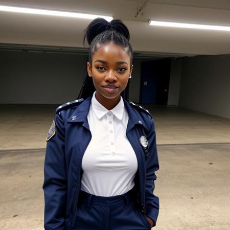 20 year black female security guard patrolling an parking garage at night. Pleasant smile. Brown eyes. Carrying a flashlight. White uniform dress shirt with navy blue tie. Full body shot. Wearing long, navy blue cargo pants. (Sanaa) Open blue security uniform jacket. Hair in a ponytail. Size B small breasts. Foraged style cap.