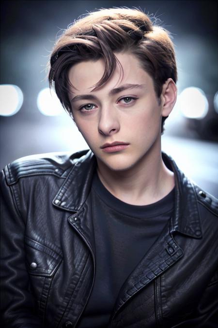 a young man on a motorbike, 20 years old, 25 years old, in a black tee shirt, in a blue jean jacket, <lora:edwardFurlong:1>, 8K, RAW, UHD, upper body, (close up, head short, clear eyes), highly detailed face, midnight in the city, blue cinematic lighting