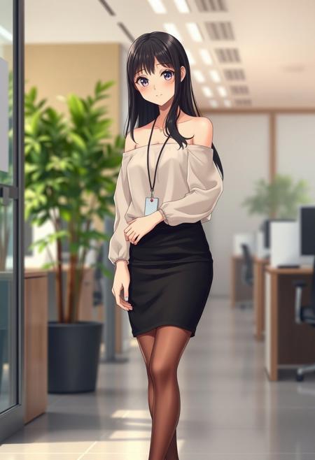 Anime-style shy and beautiful young female secretary standing in a modern office during the day. She has long, smooth black hair and gentle eyes, looking slightly down with a shy smile. She wears an elegant off-shoulder summer transparent thin blouse without straps, with long flowing sleeves, slightly sheer and soft, tucked into a  black pencil transparent very mini skirt that ends just above the knees. She also wears thin, transparent black stockings and modest black heels. A small ID badge hangs subtly at her waist, adding to her reserved posture. Her cheeks are slightly flushed, giving a blushing expression as she stands near the office entrance, uncertain where to go. Background includes bright natural lighting, indoor plants, office desks, and soft shadows. The overall tone is warm and welcoming, with a soft-focus anime style and subtle bokeh effect in the background. Full-body composition, delicate lighting, cinematic mood.