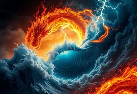 best quality, 4K,, 8k UHD, ultra-high resolution, ultra-high definition, highres, highly intricate and detailed digital art, absurd resolution BREAK, swirling vortex, fire and water theme, a dragon of fire and a dragon of water, seascape over stormy raging seas at night, a hurricane of swirling fire and water, smoke and steam, spiraling waves of water rising to meet fiery lightning bolts, madness, fractal geometry throughout image,