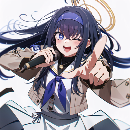 <lora:Hoshino Ai's Pose 2:0.9>, ai's pose, 1girl, solo, smile, open mouth, one eye closed, star (symbol), pointing, microphone, (masterpiece, best quality:1), bags under eyes, bangs, black hair, blue eyes, halo, blue hairband, brown cardigan, long hair, white serafuku, white skirt, <lora:KozekiUiBlueArchive_10:0.7>, simple background