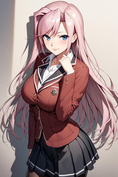 charlotte_hazelrink pink hair, long hair, blue eyes, huge breasts,  school uniform, white shirt, red jacket, black skirt, black pantyhose, brown shoes, thighhighs, cleavage, long hair, dress, gloves, elbow gloves, jewelry, white thighhighs, necklace, garter straps, tiara, white heels, 