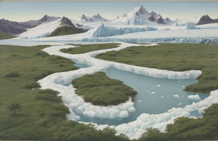 style of Roger Dean, parcel ,ranch ,thicket ,hedgerow, Glacier/Icefield ,
