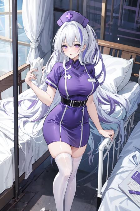 ,Unzen, 1girl, long hair, multicolored hair,purple eyes,
,nurse,nurse cap,nurse suit, white thighhighs, standing ,
hospital,hospital bed, 
 <lora:Unzen_20230911102126-000018:0.8>