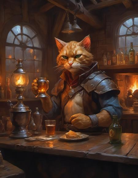 fantasy anthropomorphic cat warrior in dark tavern with ale tankard human bartender gas lamps rustic wood warm brick fireplace and frosted glass windows by LaxpeintXL dungeons and dragons style fantasy environment