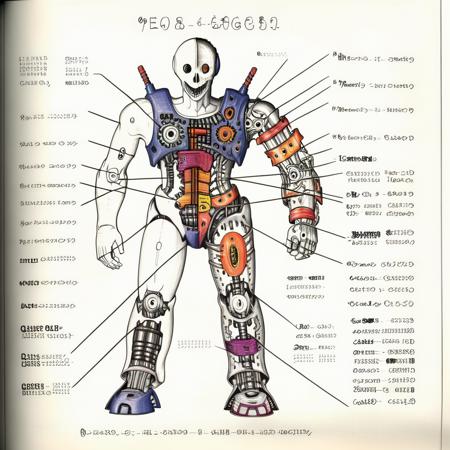 a drawing  of a  The Ghost in the Machine with parts labeled,<lora:robot_info:0.5> <lora:Serafini_Style:0.8> Serafini Style