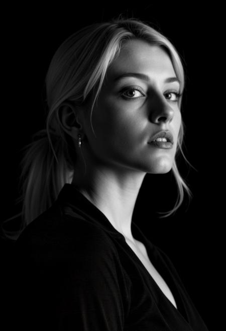 (dark mood masterpiece Photography, intricate light:1.2) a highly detailed, black-and-white photograph of a woman captured in a sensual, the woman appears to be of caucasian descent, with fair skin and light blonde hair, her mouth slightly open, black shirt, the background is a solid, dark black, which contrasts sharply with her skin tone and highlights, making her the focal point of the image, the lighting is soft and diffused, highlighting the contours of her body and creating a sense intimacy, the overall mood of the photograph is intense and erotic, emphasizing the natural beauty and sensuality of the subject, portrait,close-up