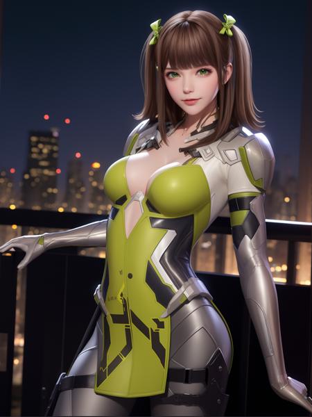 CFqingyaLHWZ, 1girl, solo, brown hair, green eyes, breasts, bodysuit,looking at viewer, lips, medium breasts, twintails, bangs,thigh holster,hair bow, <lora:CFqingyaLHWZ:0.75>,cityscape, night, mature female,