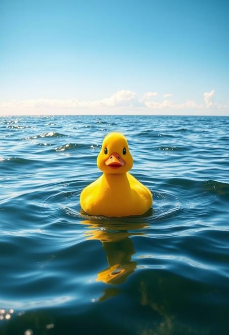 A vibrant yellow duck floats confidently on a vast, shimmering sea under a bright blue sky. Gentle waves ripple around it, reflecting the golden sunlight. In the distance, a faint horizon line blends with fluffy white clouds, creating a serene yet playful scene.