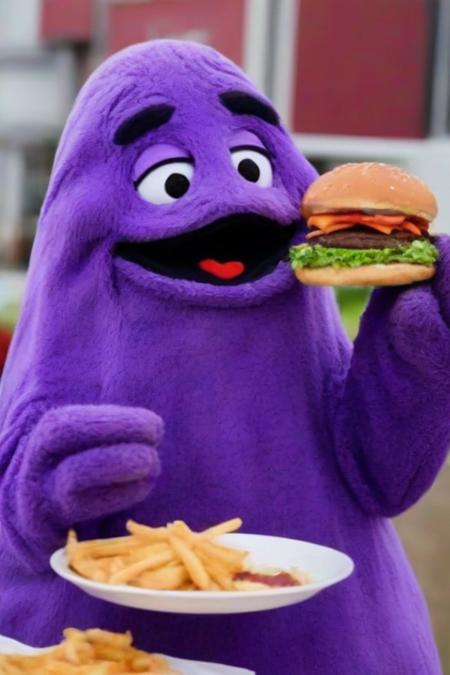 <lora:PE_Grimace:0.8> Grimace,
eating a hamburger