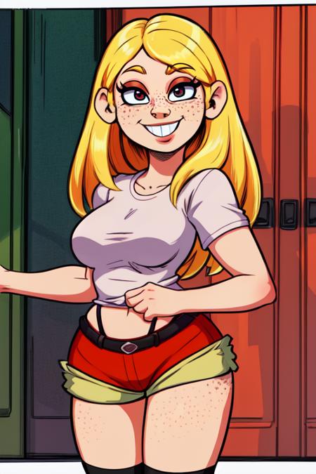 MayK,blonde hair,buck teeth,black eyes,freckles,standing,smiling,cowboy shot,
MayAtt,red short shorts,white shirt,socks,brown shoes,
picket fence,morning,cartoon,
(insanely detailed, beautiful detailed face, masterpiece, detailed eyes, best quality)     <lora:Maykanker:0.8>,