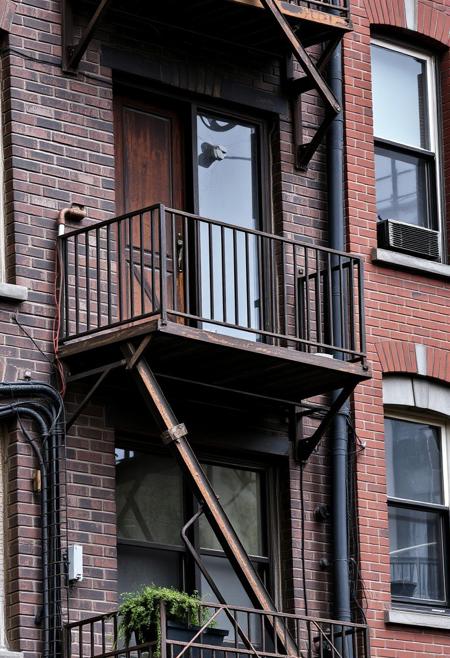 high quality photograph of a building fire escape, very dirty dark brick building, rust and black paint fire escape, close proximity to other buildings, tight shot,  dirty windows, pipes, wires, small security camera, potted plant