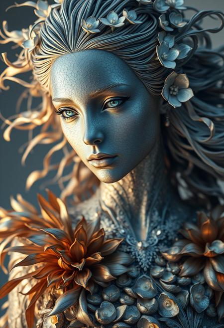 Silver statue of a woman, her skin composed of delicate, textured silver flakes, with chrome and glass flowers intricately woven into her hair, her eyes gleaming with a warm, bluish light, wearing a majestic, windy-blown ornate gown with tattered, silver petals, reminiscent of a dark, dystopian world, her face and shoulders illuminated by a soft, ambient glow, as if radiating an otherworldly energy, in the styles of Royo's dark, mystical realism, Artgerm's hyper-detailed, metallic sheen, and Lovecraft's eerie, atmospheric tension, with meticulous attention to intricate textures, dramatic shading, and a sense of haunting, ethereal beauty.