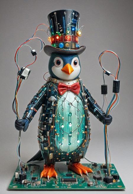 embedding:lazmpos, Transistors, pcb_style, LED, colorful LED lights, RGB lights, red green and blue penguin, art deco, top hat, cane, monocle,RetroBG