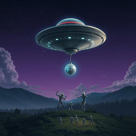 detailed, high resolution, 4k, UFO, alien space ship, a UFO is hovering in sky, night, clouds, dark purple sky, stars, big stars, small stars, nebula, UFO is glowing blue slightly, UFO is dangling a disco ball, disco ball hanging from under the UFO, disco ball is attached by a rope, disco lights, forest, mountains, forest clearing, a bunch of aliens are dancing in the forest clearing, the aliens are having a dance party, aliens are break dancing, dynamic poses, dynamic dance moves, birds eye view, view from above,
