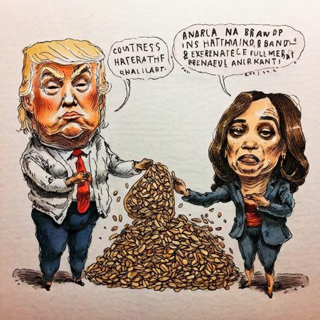 (extremely rough:1.5) (hand drawn:1.5) ink and color  (sketch:1.5) of Donald Trump and Kamala Harris counting and dividing beans, caricature  in cuneo style, (full character:1.4),   (irregular lines:1.5), complete outfit, candid pose,  extremely detailed, (surreal:1.5), paper texture background