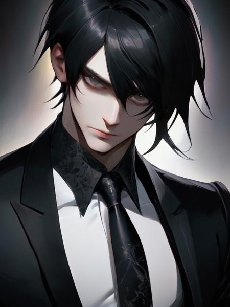 beautiful man, bangs. gothic.
beautiful face. beautiful hair. dark short hair.
beautiful eyes.
champagne glass.
slant eyes. (evil grin.:0.5)
necktie. black suit.
<lora:loha_gothic_sdxl:1>