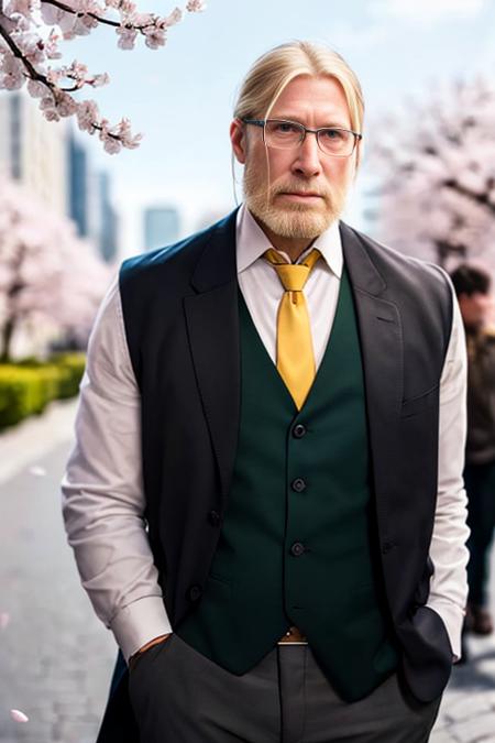 realistic, 1boy, <lora:Chara_van_hohenheim:0.8>,van hohenheim, upper body, yellow eyes, deep green necktie, blue vest, long coat, Spring, Cherry blossom trees, pink petals, gentle breeze, city walk.