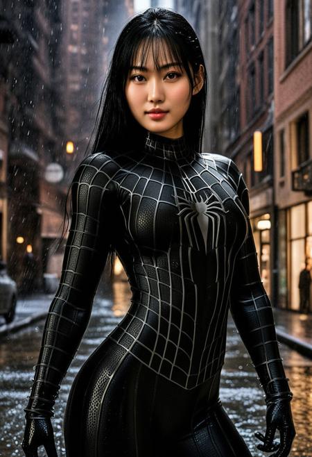 score_9, score_8_up, score_7_up, best quality, realistic, masterpiece, beautiful detail, hyperrealistic, underground, ((1girl, woman body, huge breasts)), amazing detailed full body portrait of a beautiful japanese girl, far photography, wearing a realistic and highly detailed black raimi spider-man suit, ((huge muscular girl)), professional model wears ultra - detailed and grained black raimi spider - man suit, suit covered entire body and hand, spiderman gloves, (wet and grained suit), (full body), (spread leg), (selfie close up), light smile, black hair, octane render, highly detailed, volumetric, dramatic lighting, (highest quality:1.1), (HDR:1.3), (top quality, best quality), realistic, high definition, Expressionism - sharp focus, professional photography, masterpiece, ultra detailed photograph, high quality, 8k,