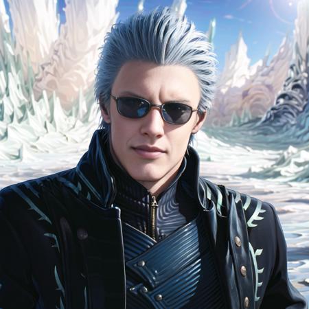 1boy,  jacket, leather, male_focus, realistic,  snow, solo, white_hair, zipper,detailed body,detailed hands,detailed face,vergil,<lora:vergil:1.0>,sun glasses,smiling, holding sword,