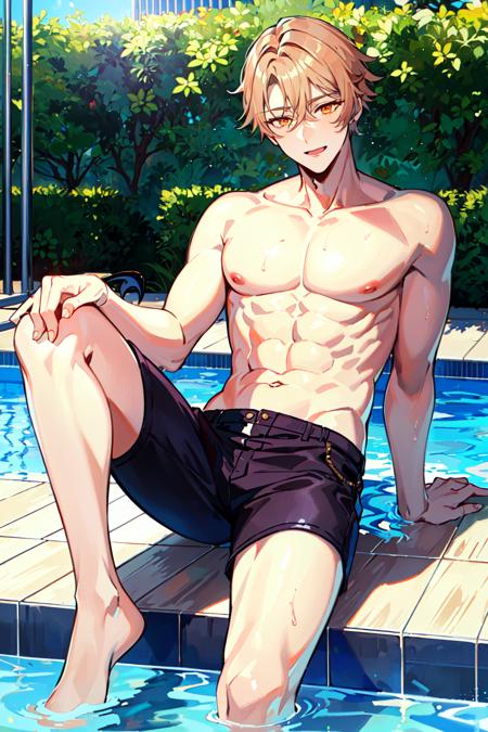 (best quality, masterpiece:1.4), 1boy, asmodeus, sultry expression, champagne color hair, orange eyes, shirtless, sitting by the pool, bright summer day, illustration, <lora:asmodeusV2:1>