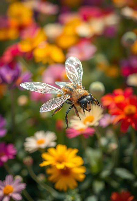 Imagine a close-up of a robotic bee hovering in mid-air, its delicate metal wings shimmering in the sunlight. Surrounding it is a vibrant garden filled with colorful flowers, each petal telling a story of life and beauty. The bee seems to dance gracefully, merging engineering precision with the elegance of nature. In this intersection of technology and the environment, we sense the human desire to harmonize innovation with the natural world.”