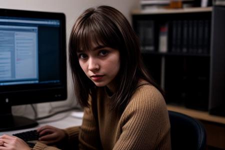 A pretty north European young woman, solo, happy, supermodel, light brown hair, long wavy hair, pale skin, slim eyebrows, perfect face, small nose, blue big eyes, small rose lips, big tits, nice breasts, cleavage, blue dress, working (coding) behind the desktop computer, holding a smartphone in hand, looking at smartphone screen. Hacker workplace background, some computers, some server racks, strange technology devices, epiCPhoto, <lora:pytorch_lora_weights:0.5>, <lora:picxer_real:0.7>, <lora:FilmVelvia3:0.3>, <lora:more_details:0.6>