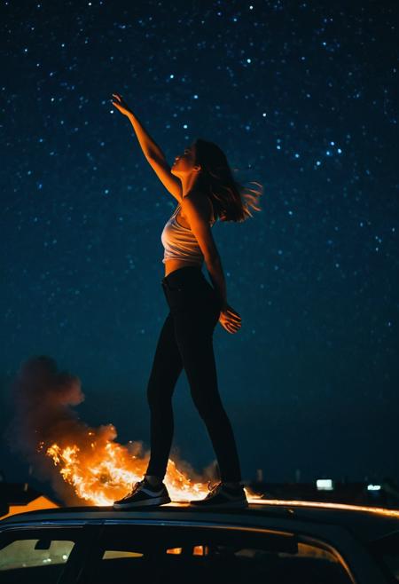 dark aesthetic photo,1girl, half body,tension, unrest,  fire illuminate the night sky in the background. Standing on the roof of a car