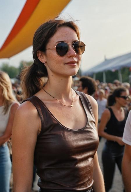 A beautiful 35mm photo of a 30 year old Dutch woman, sideview, (80's sleeveless t-shirt)), ((leather pants)), ((sunglasses)), ((full body:1.2)), she has a comely face, shy smile, in love, pale skin, very dark eyes, chocolate brown hair, straight hair, 70's fringe, ponytail, beautiful mouth, long face, narrow chin, freckles on nose, birthmarks on stomach, she is slim, natural tits, perfectly shaped tits, pubic hair, ultra realistic, extremely detailed, highly detailed eyes, realistic eyes, highly detailed skin, realistic skin, at a festival, having fun, happy, beautiful sky, soft natural light, Rembrandt style light, 8k resolution, masterpiece, 35mm, Hasselblad, film grain, (ultra high res:1.2),(photo-realistic:1.3) (skin pores:1.1)