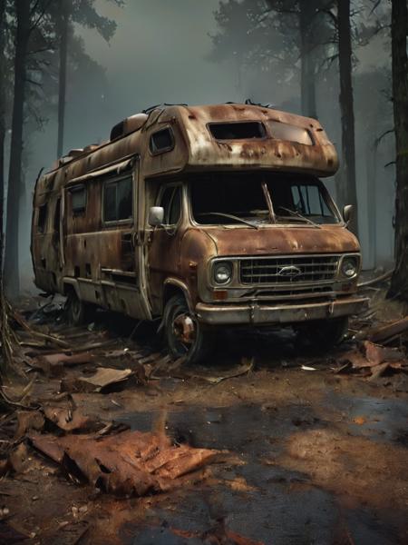 mkitdecy, panorama, fine-art, lowkey, nighttime, dark,  a rust ridden rv camper on a foggy and dusty night standing inside a broken forest, landscape focus,  deep shadows, high quality, high resolution, dark, letitbrn <lora:- SDXL - mkitdecy_let_it_decay_V1.0:.8>