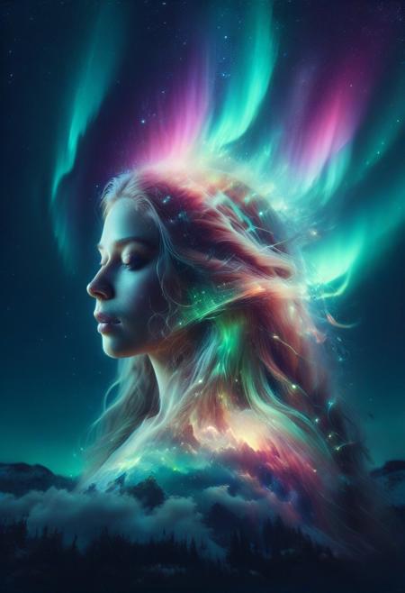 double exposure, aurora,_morph,high-quality,beautiful, psychedelic,
Beautiful woman's head, partially turned, long flowing hair, night sky with aurora,