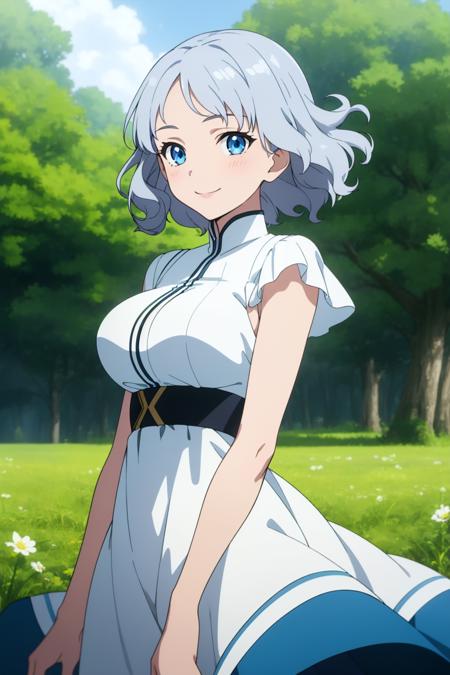 (masterpiece, best quality,) anime screencap, 1girl, 
short hair, blue eyes, silver hair, wavy hair, braid, dress, large breasts, smile, 
depth of field, forest, field, wind, swirl,