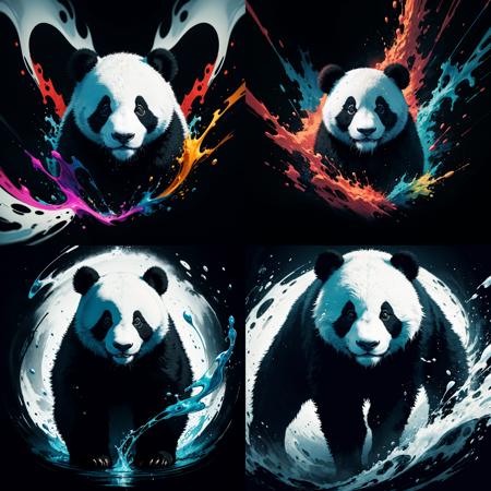 panda,made by liquid ink \(black and white\),fluid and dynamic pose,curly colorful blurred background,mysterious expression,abstract art,in a modern and abstract setting,bright lighting, official art, unity 8k wallpaper, ultra detailed, beautiful and aesthetic, masterpiece, best quality, photorealistic,