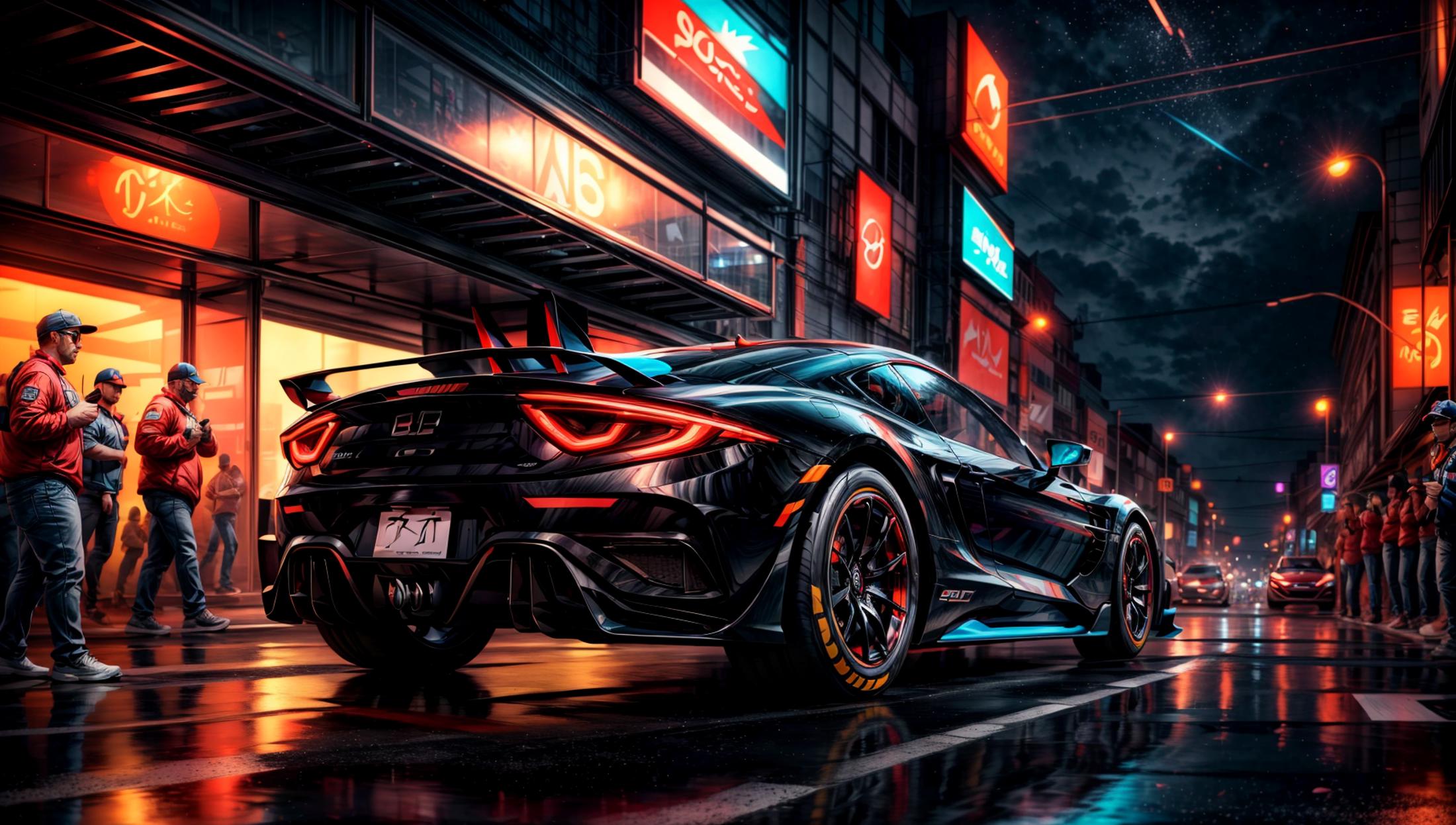 A black sports car on a city street with a neon sky background.