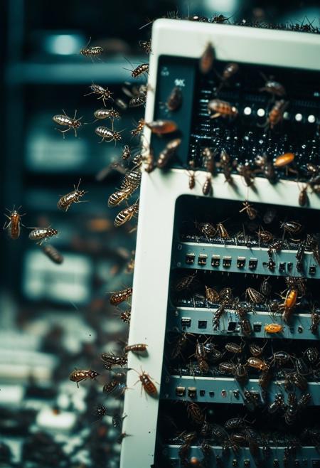 high-contrast palette, highly detailed, cinematic quality, modern art photograph, high-contrast palette, timeless feeling, cinematic quality, modern art photograph || millions of bugs are invading online software, plague of Beatles and bugs attacking a computer server!