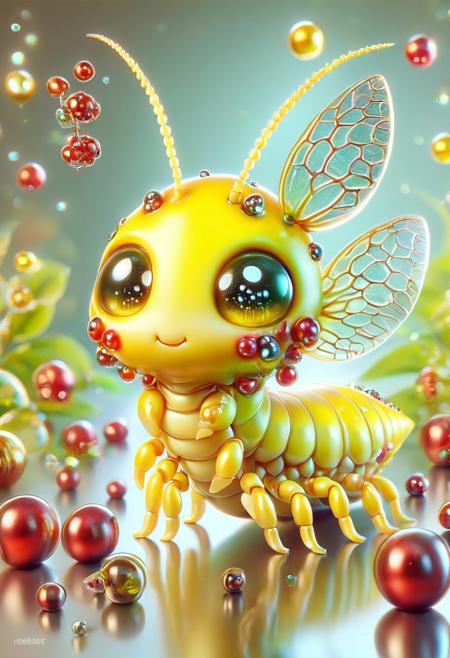 A hyper-realistic, small, and cute chibi-style insect character disney style,chibi,yellow Axolotl,jelly berries,Elf world, the insect has exaggerated large eyes <lora:ral-smolinzect:1> 
 red glass ornaments intricately designed with swirling patterns. The ornaments are illuminated from below, casting a warm, fiery glow that refracts through the glass, creating a mesmerizing array of colors on the surrounding surface. The composition is centered, with the chibi insect  surrounded by glass ornaments taking up most of the frame emphasizing its delicate texture and the play of light. The art style is realistic, with a focus on the glass's transparency and the depth of the patterns.
ral-smolinzect, x made from colorful colored shiny steel balls, text, cute x , text, ral-smolinzect
