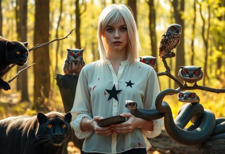 In a sunlit forest clearing, a young woman in her early twenties with silver-white hair stands unnervingly still. Her white blouse, marred by dark red stains, starkly contrasts with her pale, almost translucent skin. A simple black five-pointed star emblazoned on her chest adds a disturbing element to the otherwise bright scene. Her eyes, glowing with a faint but unsettling crimson light, seem to pierce through the sunlight with an eerie intensity.
Surrounding her in a tense, surreal formation are twelve wild creatures. A black panther, its fur catching the sunlight in a way that makes it almost shimmer, crouches nearby, its eyes reflecting an unsettling red. Perched on nearby branches, two owls with glowing crimson eyes blink slowly, their gaze watching the scene with an unnerving calm. A large snake, its blue-black iridescent scales shimmering ominously, coils around a sunlit branch, its eyes fixed in a menacing stare.
In her hands, the young woman holds a worn cardboard sign that reads, ‘We Come in Peace,’ which contrasts starkly with the disquieting aura of the scene. The forest floor, bathed in bright sunlight, casts sharp, shifting shadows that heighten the unsettling juxtaposition between the sunny day and the eerie, surreal presence of the girl and the animals