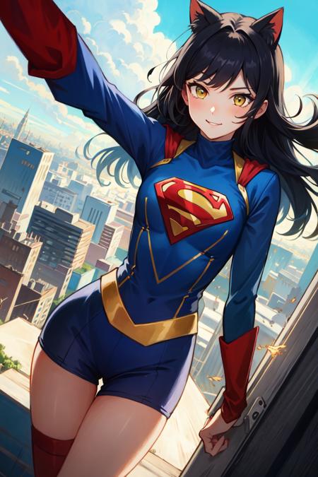 Belladonna, cat ears, 1girl, solo, long hair, medium breasts, black hair, yellow eyes, smile, standing, dynamic pose, <lora:Belladonna:0.8>, 8k, masterpiece, best quality, absurdres, perfect anatomy, cinematic lighting, cowboy shot, (supergirl costume:1.1), (flying, flying over city:1.2)