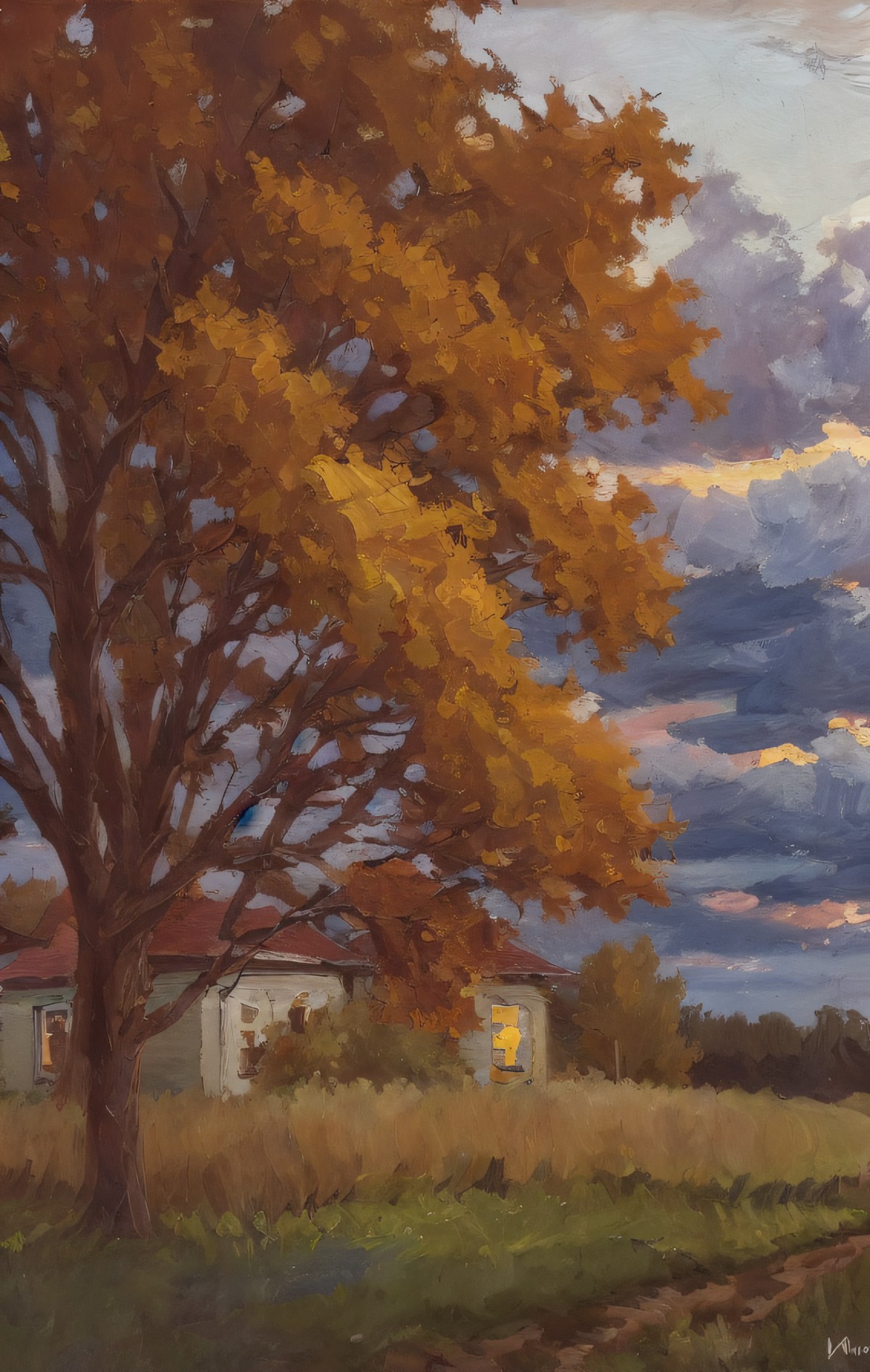 (a painting by mse) blue hour, fall, smooth, aesthetic, house in a field, clouds, a dirt path leading to the house,