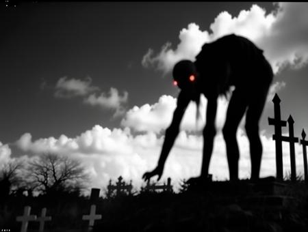 deathia, blurry, a black and white photo of a monster in the dark, screenshot of found footage, slender boy with a pale, taken on a 2010s camera, at the graveyard at midnight, crouching humanoid, grotesque large alien, he is smiling, polycount, caught on security camera, very blurry, grain and skrathces, film,  <lora:deathia_yiu_v10:0.7>