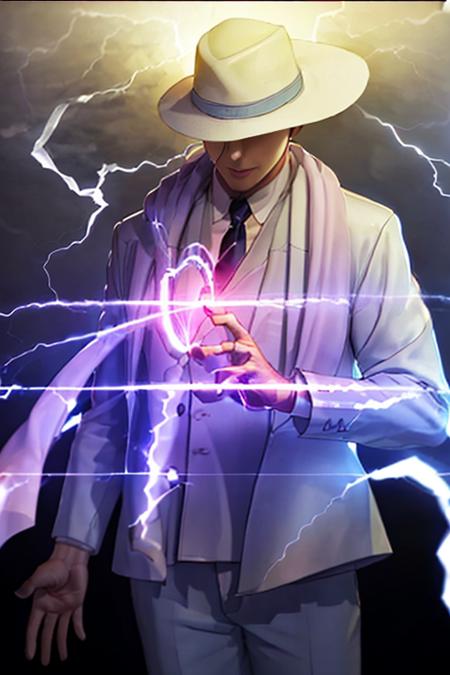 photorealistic, 1boy,<lora:Chara_kimblee:1>, upper body, aura, blue_fire, electricity, energy, fire ,(exposure:1.3), hat, lightning,  necktie, outstretched_arm, outstretched_hand, pants, smoke