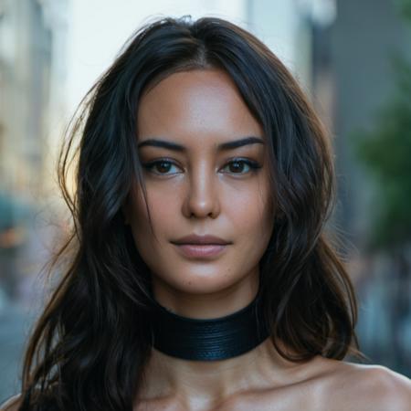 Super high res closeup portrait photo skin texture of a woman wearing a thin leather choker and has wavy long hair ,f /2.8, Canon, 85mm,cinematic, high quality, skin texture, looking at the camera,  <lora:ceaton_xl_1_standard-merger_73_83_07_03:1>