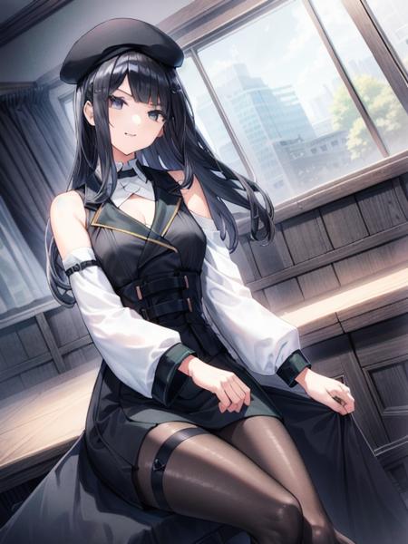 Mississippi,black hair, straight hair,long hair,black eyes, black beret,black dress,  sleeveless, black pantyhose, long boots,white sleeves, long skirt, thigh strap, black skirt, 