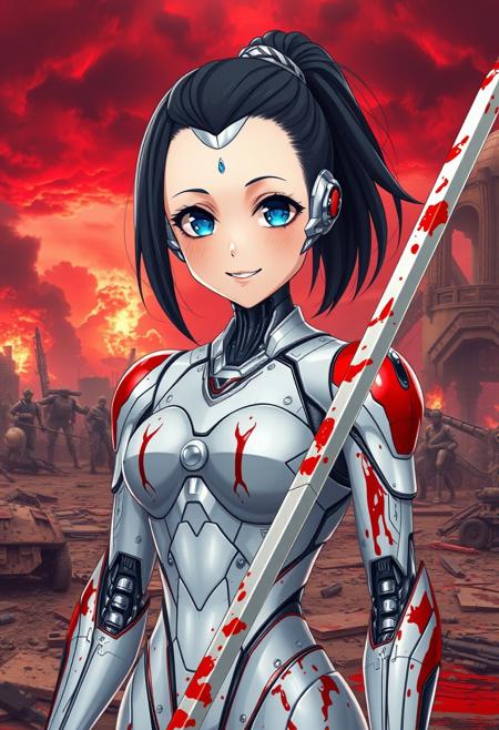 In a hyper-realistic futuristic setting, a female android stands with a strikingly , a female android stands with a strikingly anime-inspired face. Her large, expressive eyes, smooth, flawless skin, and delicate features give her a distinct, ethereal beauty that contrasts with her clearly robotic body., she smiles happily,  Her shiny, metallic body is covered in fresh blood splashes, a grim testament to her deadly efficiency. she holds a futuristic sword, and her mechanical joints hum with lethal precision. The scene around her is a desolate battlefield littered with destroyed machines and crumbling buildings, the sky a deep red with smoke and fire. The eerie calm in her innocent face starkly contrasts the chaos of the destruction she has caused. This contrast between her soft, anime-like appearance and her blood-soaked body creates a chilling vision of a perfect blend of advanced robotics and raw violence