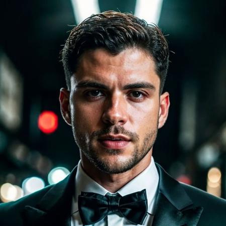 DSLR photo of guillechoa person using a tuxedo.face portrait.in blade runner.daylight.professional photography.high resolution.detailed photo.RAW.still film.f/16.uhd.hdr.4k <lora:guillechoa_66150:1>