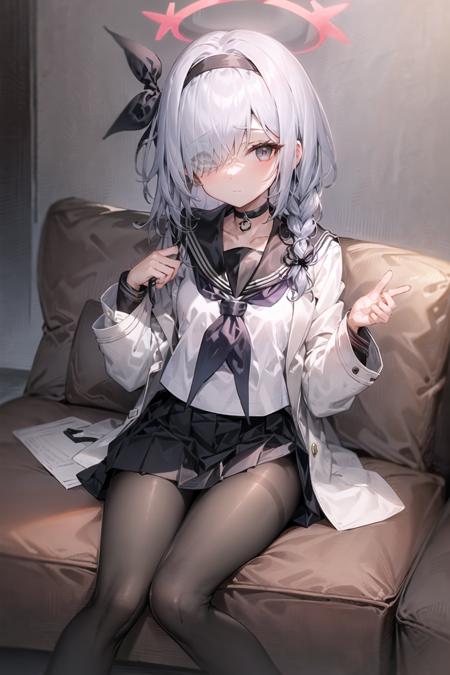 1girl, solo, halo, pantyhose, long hair, skirt, braid, hair over one eye, hairband, neckerchief, choker, white hair, sitting, sailor collar, school uniform, black choker, long sleeves, looking at viewer, black hairband, serafuku, shirt, black pantyhose, pleated skirt, black skirt, open clothes, bangs, black serafuku, closed mouth, black shirt, collarbone, black sailor collar, white neckerchief, couch, single braid, coat, grey eyes, hair ribbon, black coat, ribbon, open coat, white shirt, side braid,


 <lora:PuranaV1.5:1>