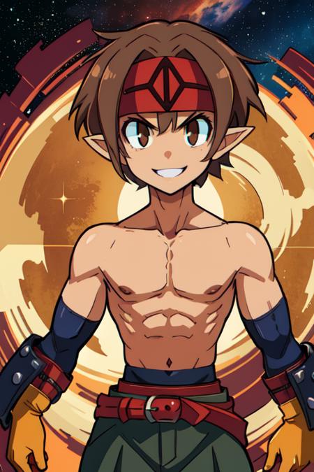 MWarrior, brown hair, brown eyes,  pointy ears,  topless male, short hair,  red gloves, 
pants, red belt, headband,  
outer space, stars,  cowboy shot,  
(insanely detailed, beautiful detailed face, masterpiece, best quality) 
smile,  
standing, solo, upper body,  <lora:malefighter-10v5:0.7>