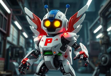 hyper details view, a Cyber Petit Angel robot with white chassis, red limbs, green belt, red 'P' on chest, blue helmet, large yellow illuminated eyes, and antennae. Dynamic action pose, alert, ready, against a gritty Cyber Repair Plant background. Cinematic lighting, intricate mechanical details, matte painting, Octane render, Unreal Engine 5, impeccable composition, creative angle, golden ratio. High detail, 4K, trending on Artstation.